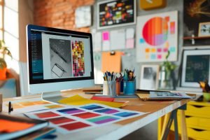 Colorful Graphic Design Workspace with Creative Tools